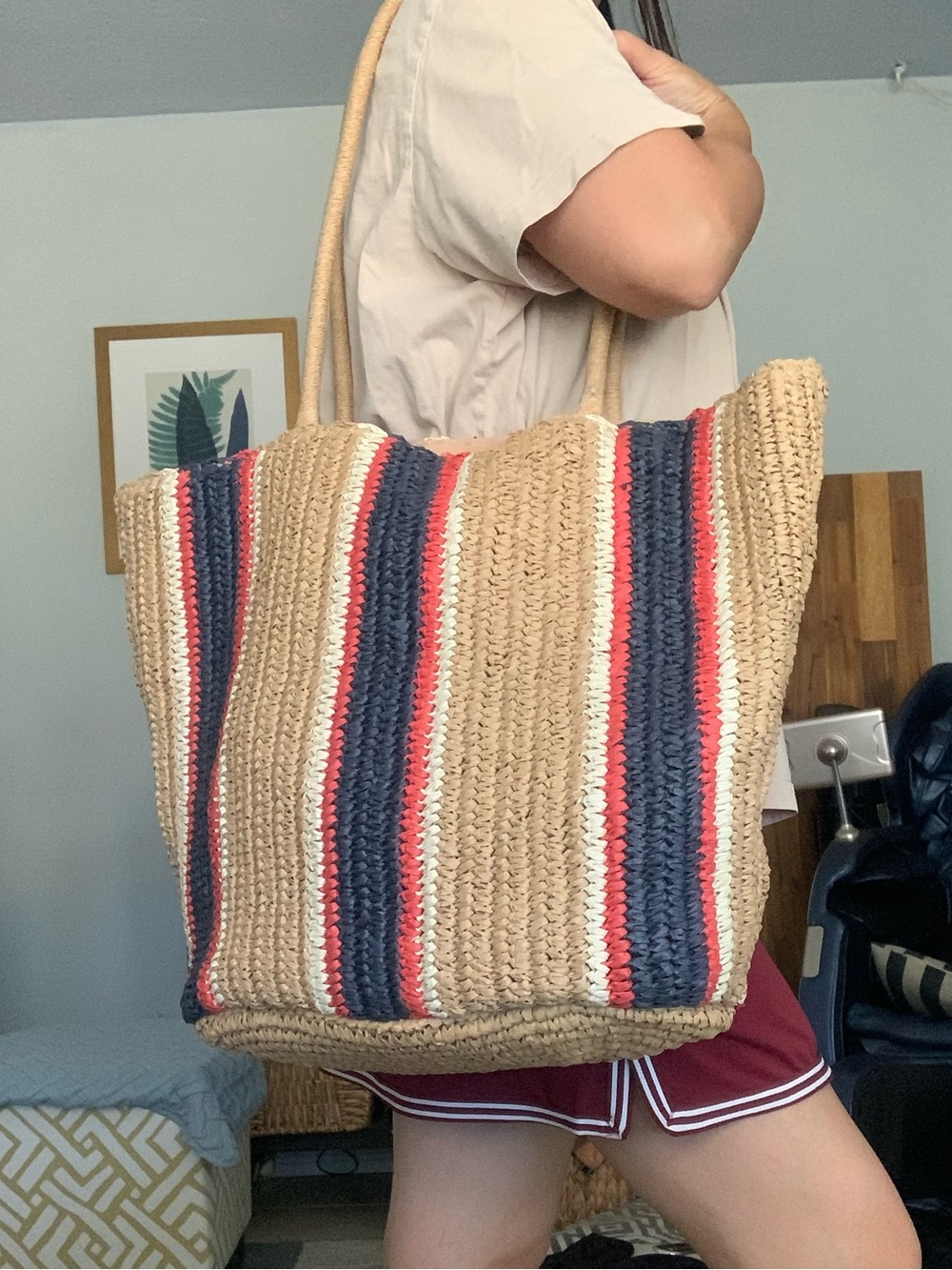 NWT Woven Striped paper Straw Tote Bag in Natural with Navy & Red